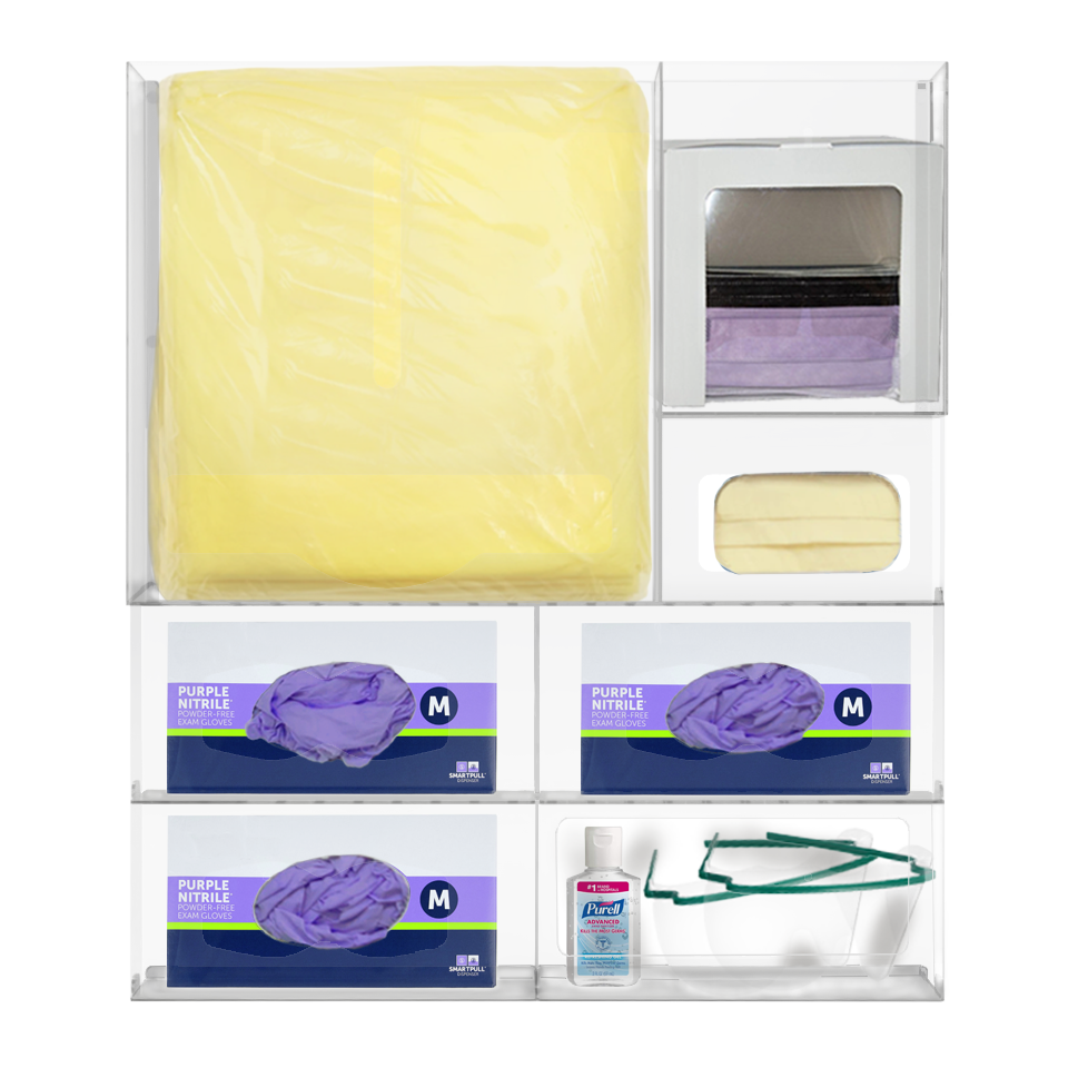 7 Compartment, Clear, PETG Wall/Door PPE Organizer, empty. Front view, filled with gowns, gloves, earloop and faceshield masks and hand sanitizer and eye guards.