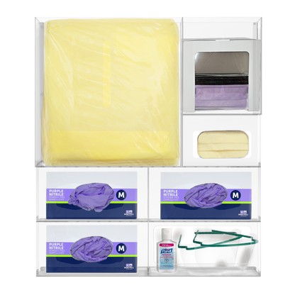 7 Compartment, Clear, PETG Wall/Door PPE Organizer, empty. Front view, filled with gowns, gloves, earloop and faceshield masks and hand sanitizer and eye guards.