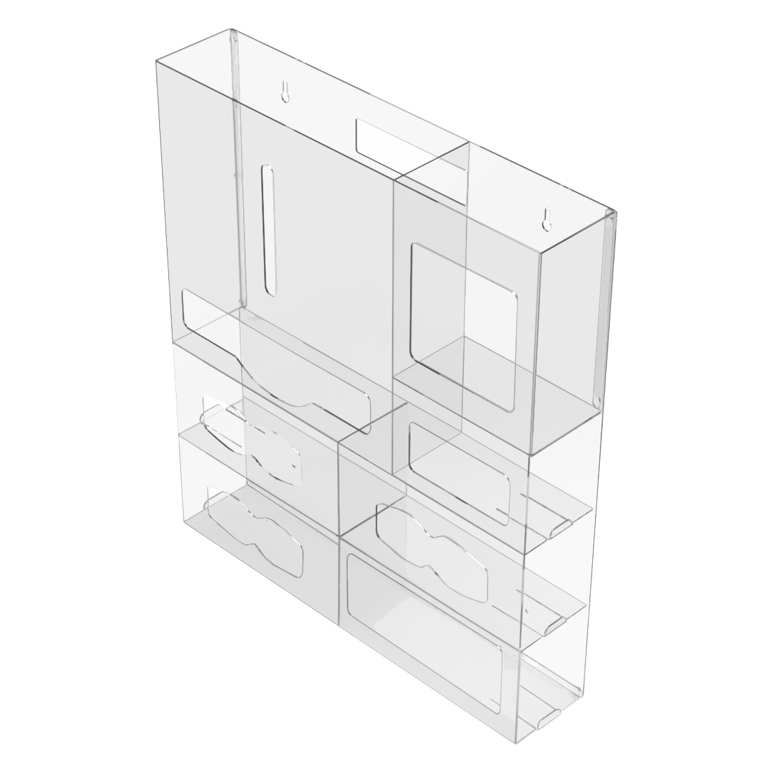 7 Compartment, Clear, PETG Wall/Door PPE Organizer, empty. front and angled to the left,