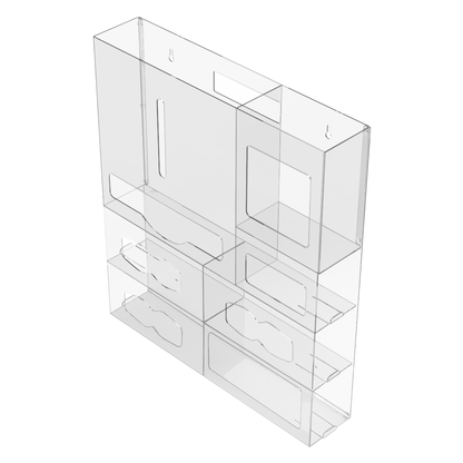 7 Compartment, Clear, PETG Wall/Door PPE Organizer, empty. front and angled to the left,