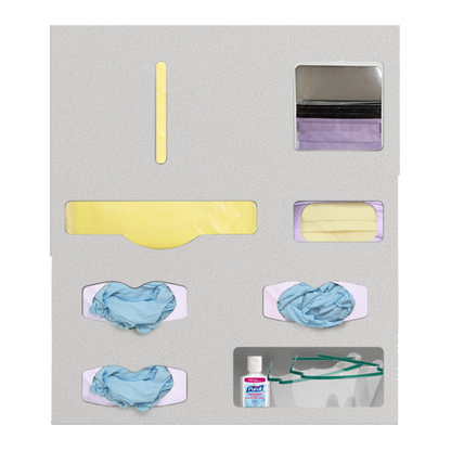 beige/grey rectangular, wall unit, plastic, with front cut out holes for gowns, gloves, masks and misc. supplies which are shown.