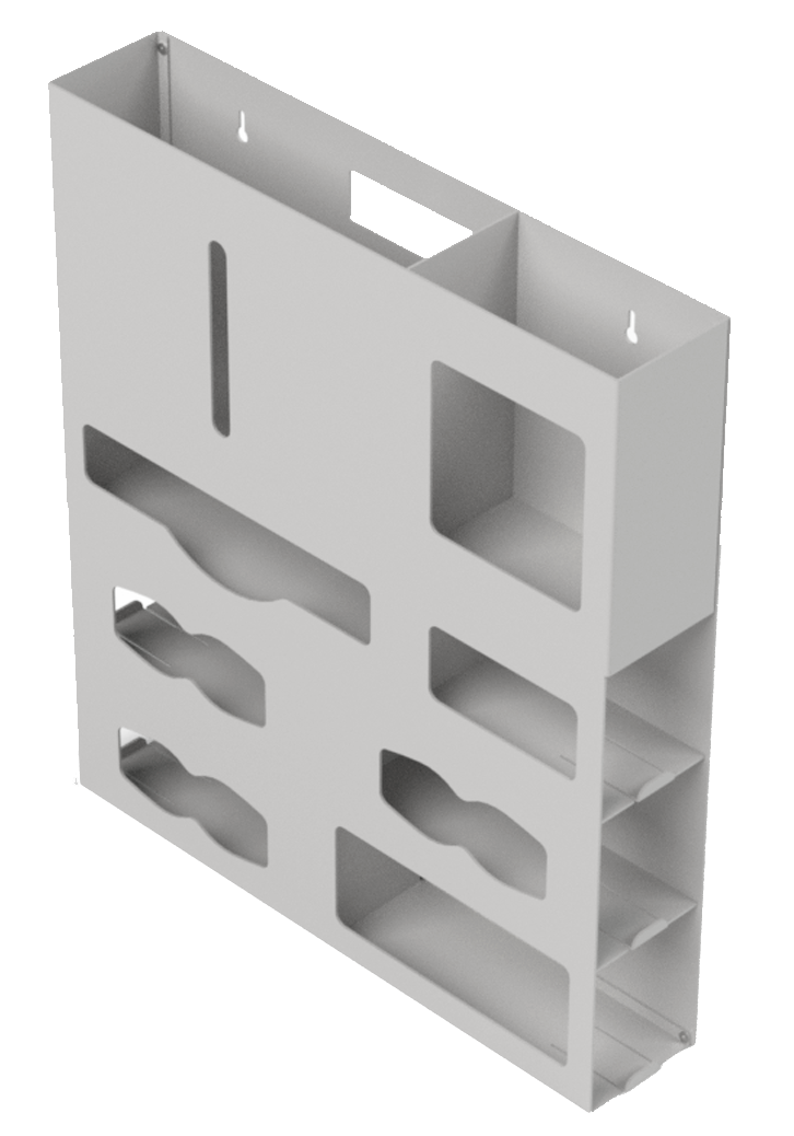 Side view of beige/grey rectangular, wall unit, plastic, with front cut out holes for gowns, gloves, masks and misc. supplies. Unit shown empty. Back side mounting holes and hole for door hanger and/or carrying shown.