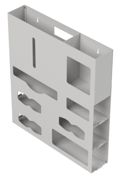 Side view of beige/grey rectangular, wall unit, plastic, with front cut out holes for gowns, gloves, masks and misc. supplies. Unit shown empty. Back side mounting holes and hole for door hanger and/or carrying shown.