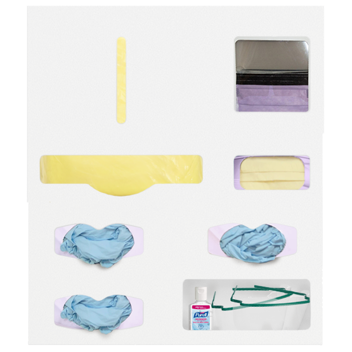 Ultraflex–Protective Wear Organizer, 7 compartment organizer, white ABS plastic, wall mount. Shown front facing, filled with yellow flat-pack gowns, one box purple face shields, one box yellow earloop masks, 3 boxes of blue exam gloves, and sanitizer and 2 pair goggles in the miscellaneous compartment.