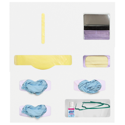 Ultraflex–Protective Wear Organizer, 7 compartment organizer, white ABS plastic, wall mount. Shown front facing, filled with yellow flat-pack gowns, one box purple face shields, one box yellow earloop masks, 3 boxes of blue exam gloves, and sanitizer and 2 pair goggles in the miscellaneous compartment.