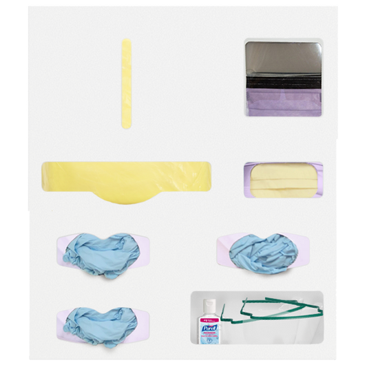 Ultraflex–Protective Wear Organizer, 7 compartment organizer, white ABS plastic, wall mount. Shown front facing, filled with yellow flat-pack gowns, one box purple face shields, one box yellow earloop masks, 3 boxes of blue exam gloves, and sanitizer and 2 pair goggles in the miscellaneous compartment.