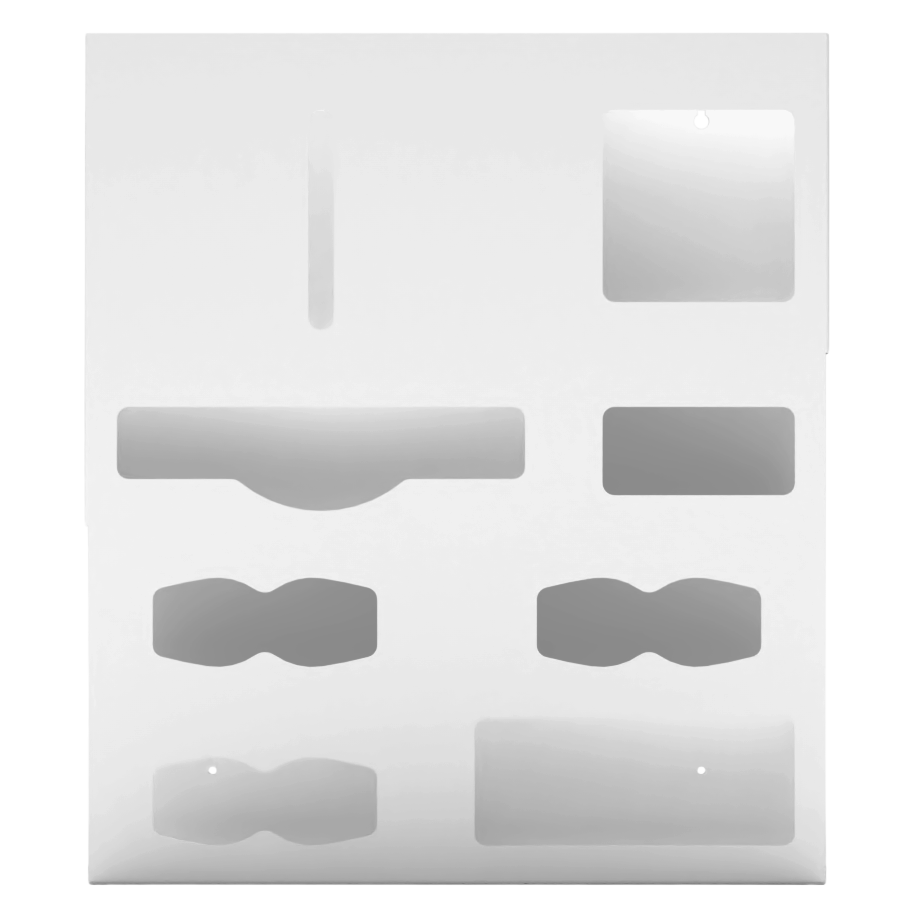 Ultraflex–Protective Wear Organizer, 7 compartment organizer, white ABS plastic, wall mount. Shown front facing, empty