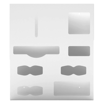Ultraflex–Protective Wear Organizer, 7 compartment organizer, white ABS plastic, wall mount. Shown front facing, empty