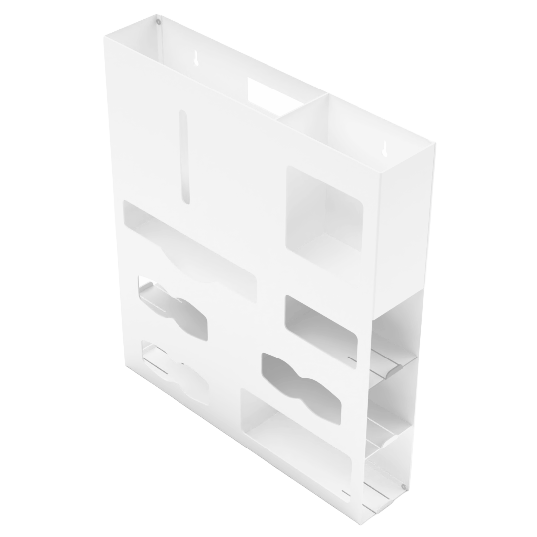 Ultraflex–Protective Wear Organizer, 7 compartment organizer, white ABS plastic, wall mount. Shown front facing slightly angled left, empty