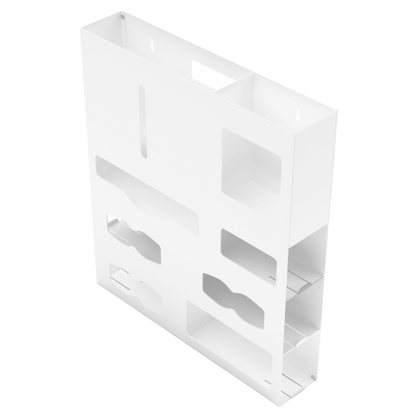 Ultraflex–Protective Wear Organizer, 7 compartment organizer, white ABS plastic, wall mount. Shown front facing slightly angled left, empty