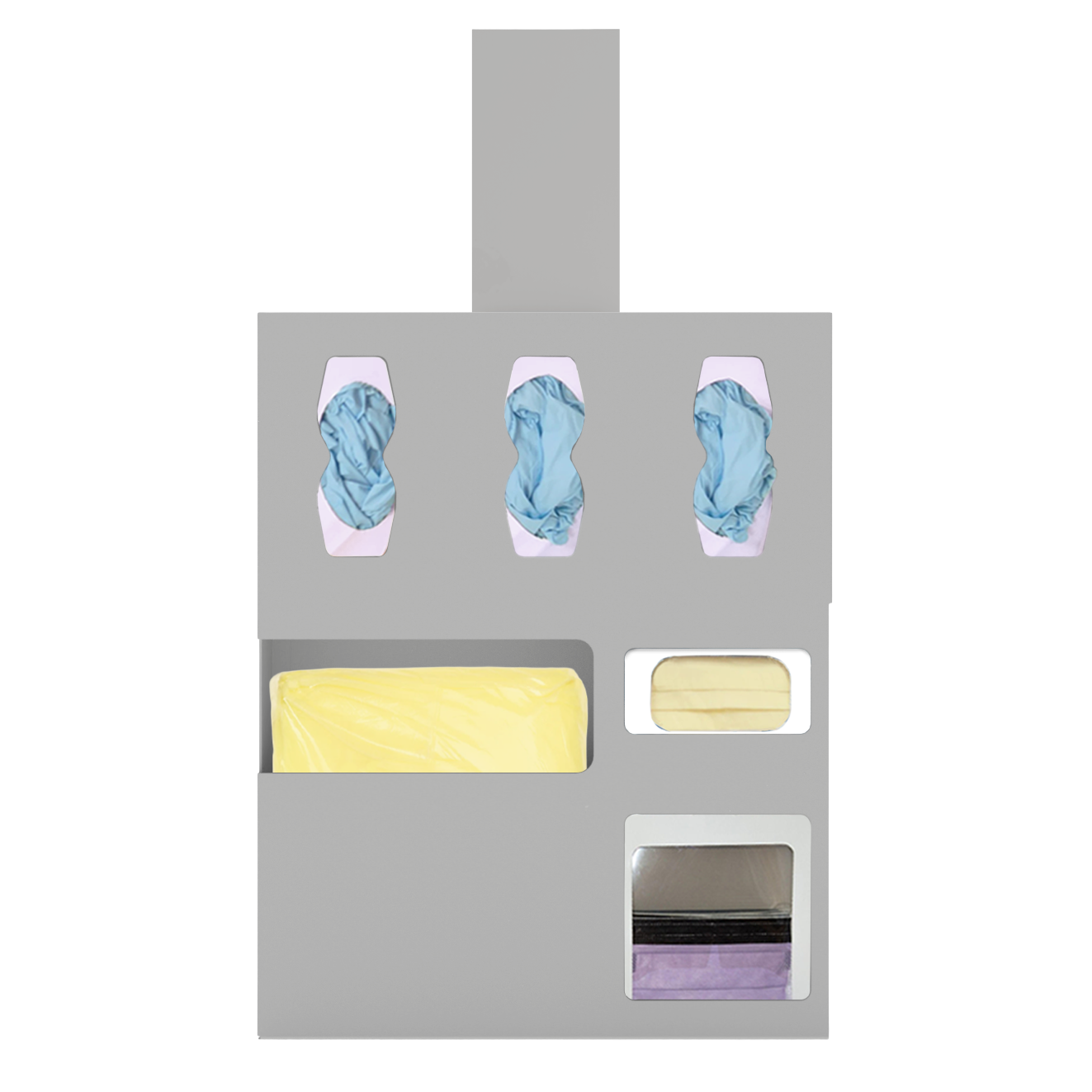 Beige, protection organizer, 6 compartments, 1 gown, 3 glove boxes, 1 earloop mask, 1 faceshield box. Filled with PPE and including a hanger in the Kit.