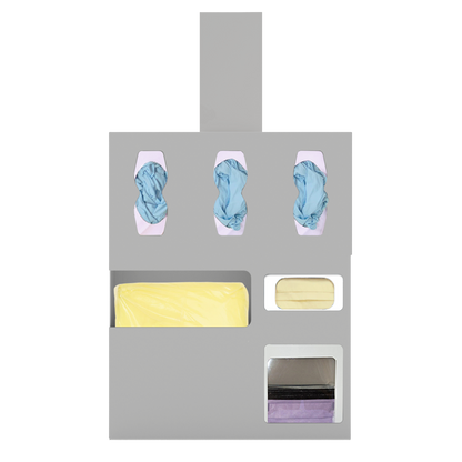 Beige, protection organizer, 6 compartments, 1 gown, 3 glove boxes, 1 earloop mask, 1 faceshield box. Filled with PPE and including a hanger in the Kit.
