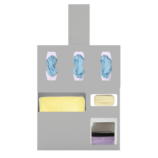 Beige, protection organizer, 6 compartments, 1 gown, 3 glove boxes, 1 earloop mask, 1 faceshield box. Filled with PPE and including a hanger in the Kit.