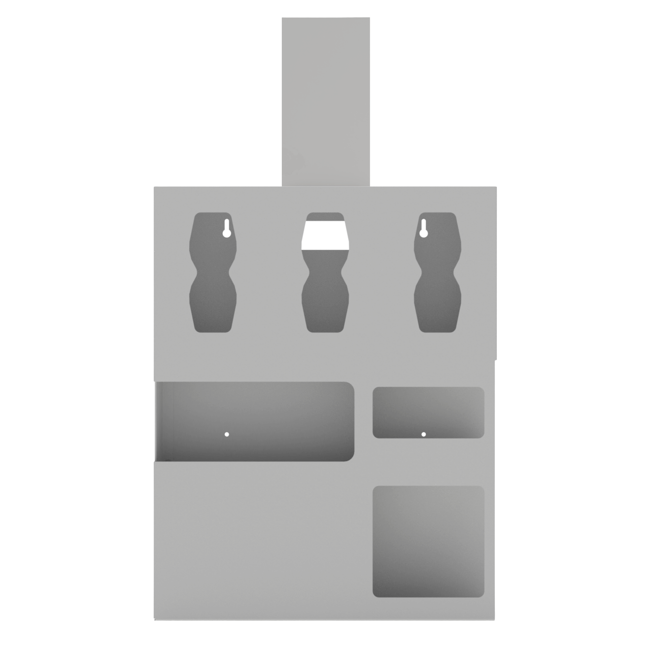 Beige, protection organizer, 6 compartments, 1 gown, 3 glove boxes, 1 earloop mask, 1 faceshield box.  Empty. Shown with hanger included in the Kit.