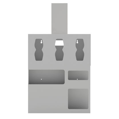 Beige, protection organizer, 6 compartments, 1 gown, 3 glove boxes, 1 earloop mask, 1 faceshield box.  Empty. Shown with hanger included in the Kit.