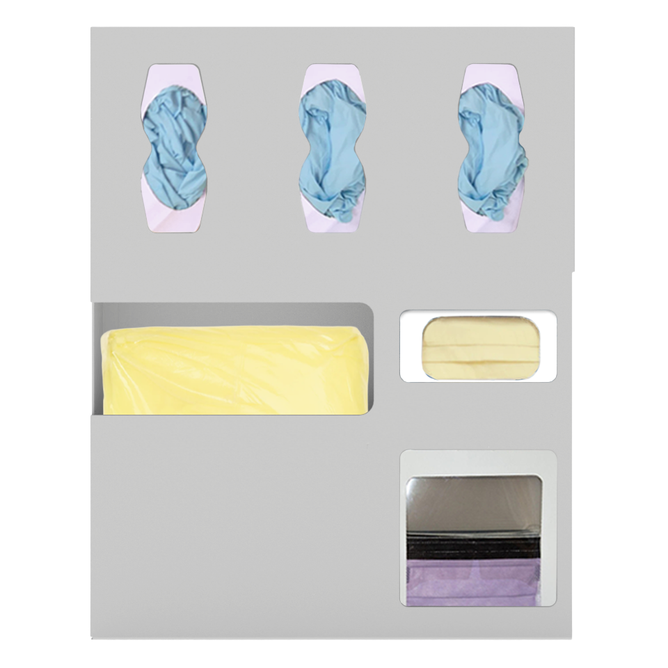 Protective Wear Organizer, Beige, ABS, 6 compartment dispenser, facing front. shown with 3 glove boxes, 1 gown section, 1 earloopbox, 1 faceshield box.