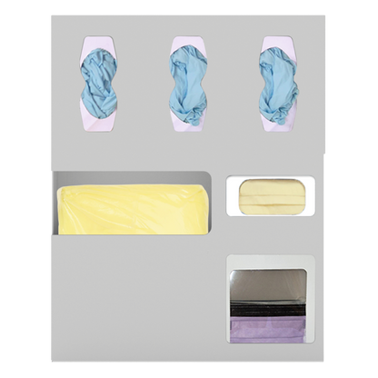 Protective Wear Organizer, Beige, ABS, 6 compartment dispenser, facing front. shown with 3 glove boxes, 1 gown section, 1 earloopbox, 1 faceshield box.