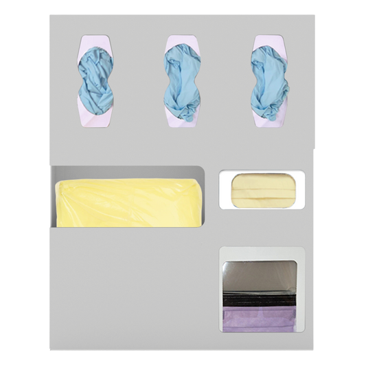 Protective Wear Organizer, Beige, ABS, 6 compartment dispenser, facing front. shown with 3 glove boxes, 1 gown section, 1 earloopbox, 1 faceshield box.