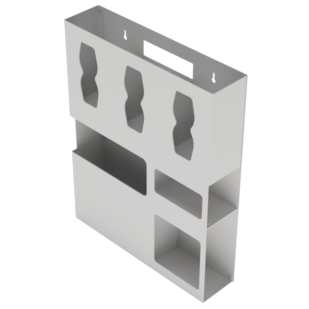 Protective Wear Organizer, Beige, ABS, 6 compartment dispenser, facing front and angled slightly left. Empty.