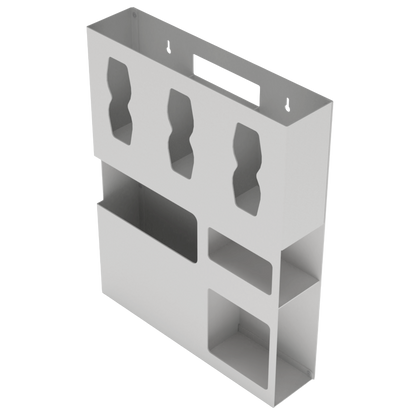 Protective Wear Organizer, Beige, ABS, 6 compartment dispenser, facing front and angled slightly left. Empty.