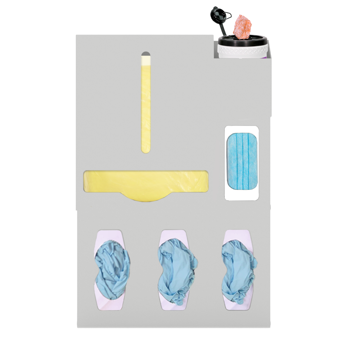 Beige, ABS, 6 compartment dispenser, front facing, shown with gowns, 3 gloves, 1 earloop, 1 surface wipe