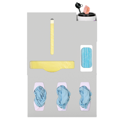 Beige, ABS, 6 compartment dispenser, front facing, shown with gowns, 3 gloves, 1 earloop, 1 surface wipe