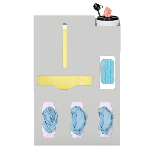 Beige, ABS, 6 compartment dispenser, front facing, shown with gowns, 3 gloves, 1 earloop, 1 surface wipe
