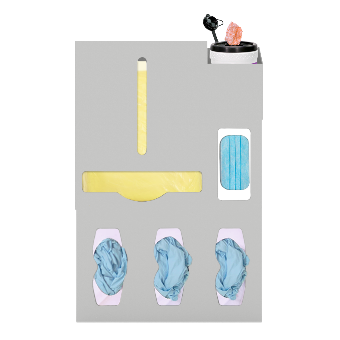 Beige, ABS, 6 compartment dispenser, front facing, shown with gowns, 3 gloves, 1 earloop, 1 surface wipe