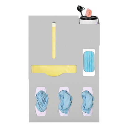 Beige, ABS, 6 compartment dispenser, front facing, shown with gowns, 3 gloves, 1 earloop, 1 surface wipe