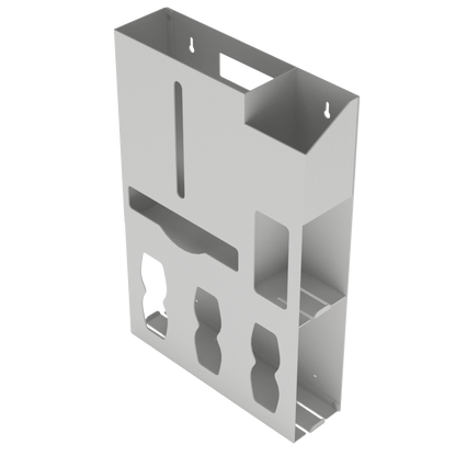 Beige, ABS, 6 compartment dispenser, front facing and angled slightly left, empty. 