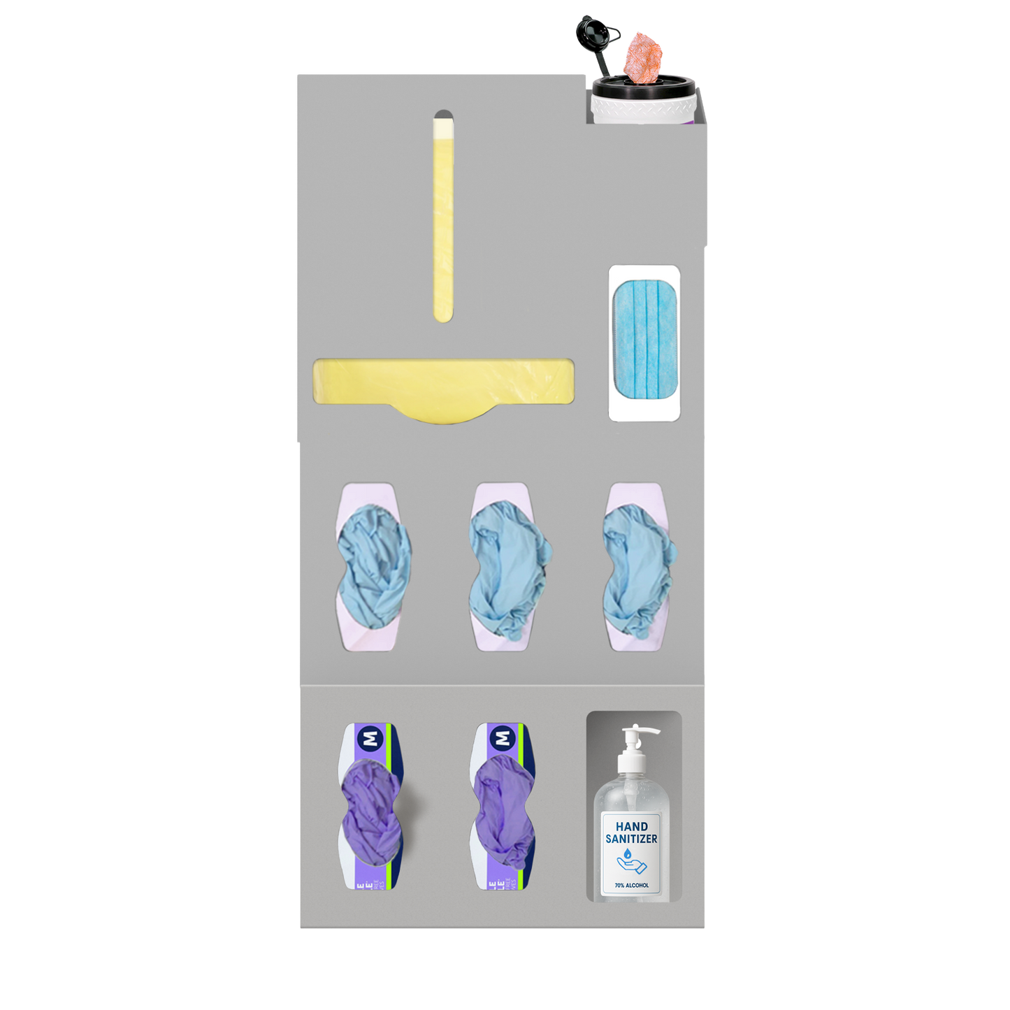Beige, ABS, 6 compartment dispenser, front facing, shown with gowns, 3 gloves, 1 earloop, 1 surface wipe. Add on 3 compartment at the bottom 2 gloves, misc with hand sanitizer.