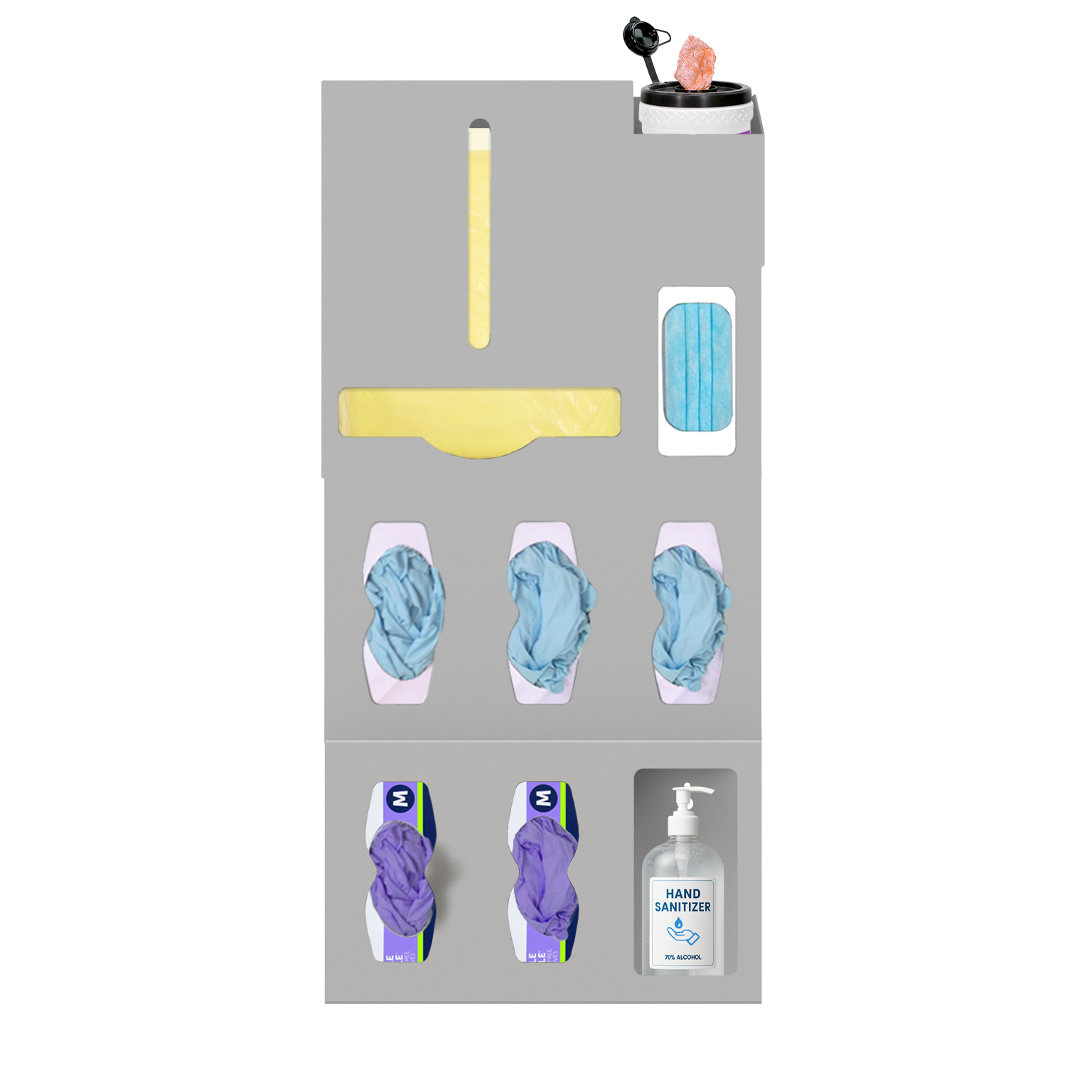 Beige, ABS, 6 compartment dispenser, front facing, shown with gowns, 3 gloves, 1 earloop, 1 surface wipe. Add on 3 compartment at the bottom 2 gloves, misc with hand sanitizer.