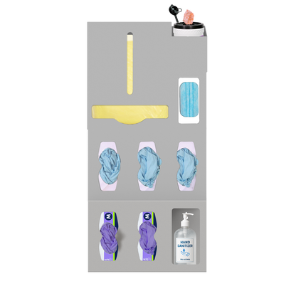 Beige, ABS, 6 compartment dispenser, front facing, shown with gowns, 3 gloves, 1 earloop, 1 surface wipe. Add on 3 compartment at the bottom 2 gloves, misc with hand sanitizer.