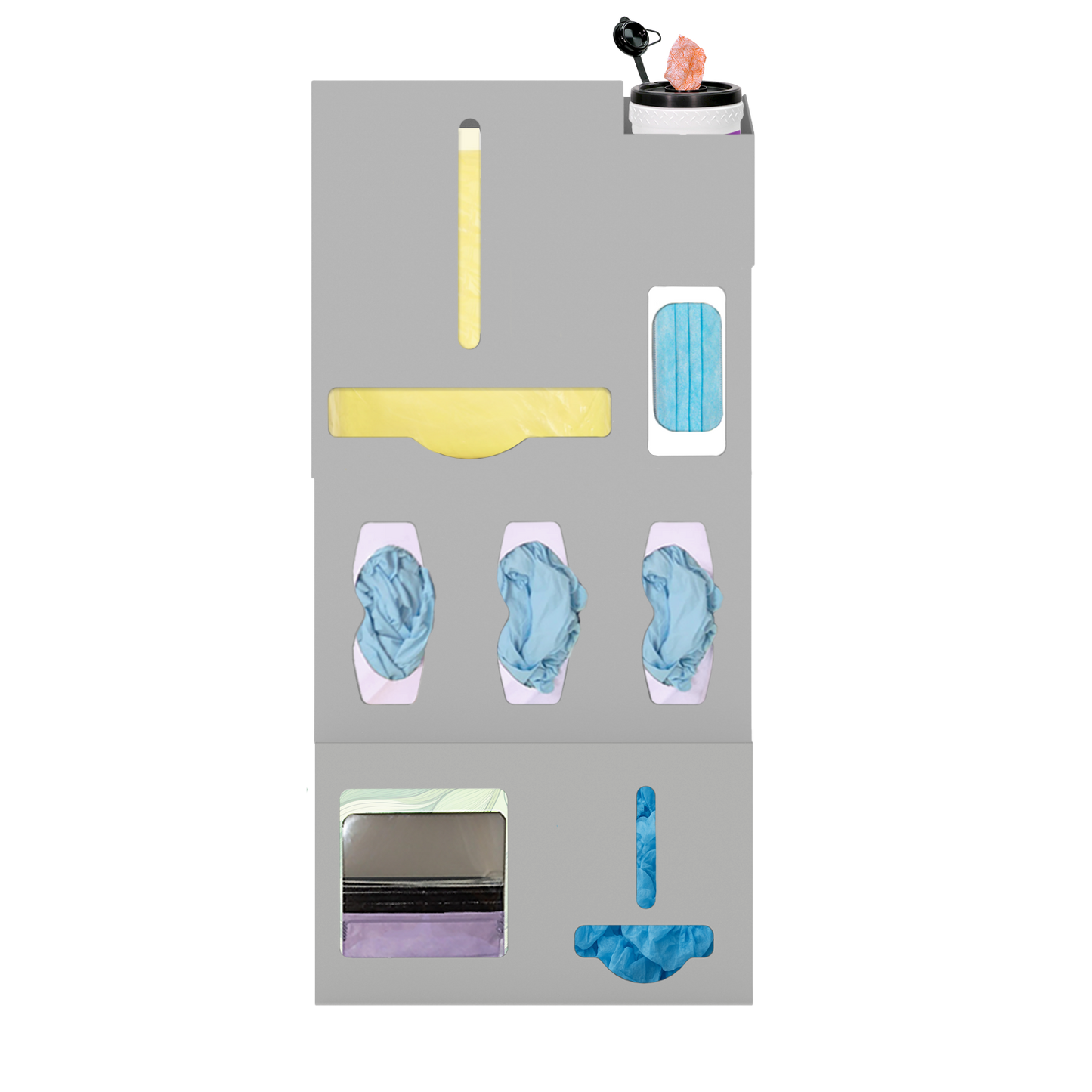 Beige, ABS, 6 compartment dispenser, front facing, shown with gowns, 3 gloves, 1 earloop, 1 surface wipe. Add on 2 compartment at the bottom 1 faceshield and 1 bulk sectoin with shoe covers,. 