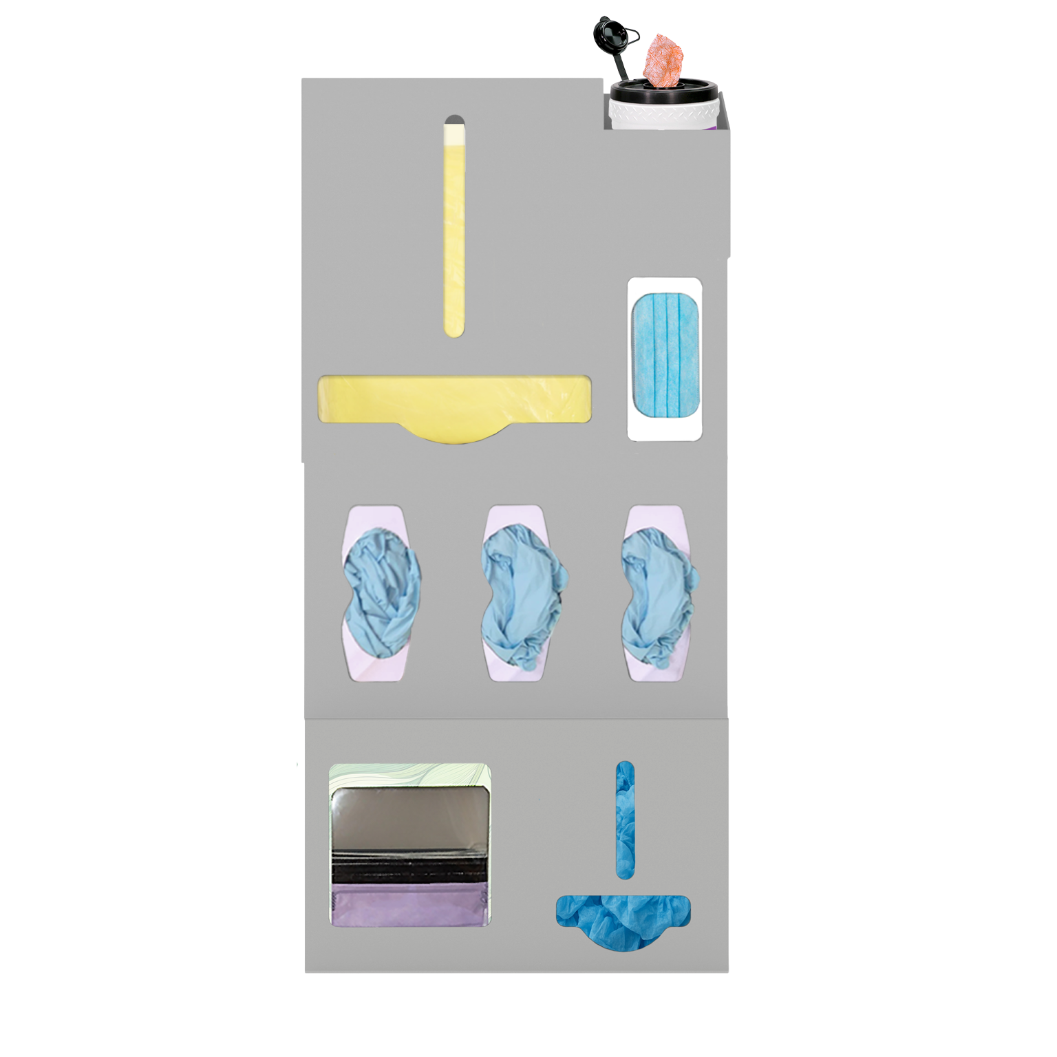 Beige, ABS, 6 compartment dispenser, front facing, shown with gowns, 3 gloves, 1 earloop, 1 surface wipe. Add on 2 compartment at the bottom 1 faceshield and 1 bulk sectoin with shoe covers,. 