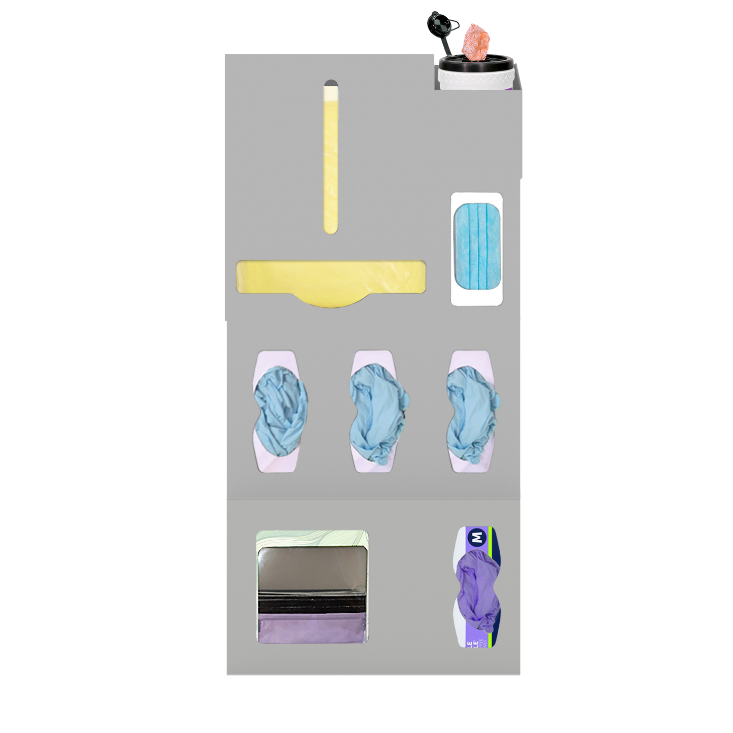 Beige, ABS, 6 compartment dispenser, front facing, shown with gowns, 3 gloves, 1 earloop, 1 surface wipe. Add on 2 compartment at the bottom 1 faceshield and 1 box of gloves. 