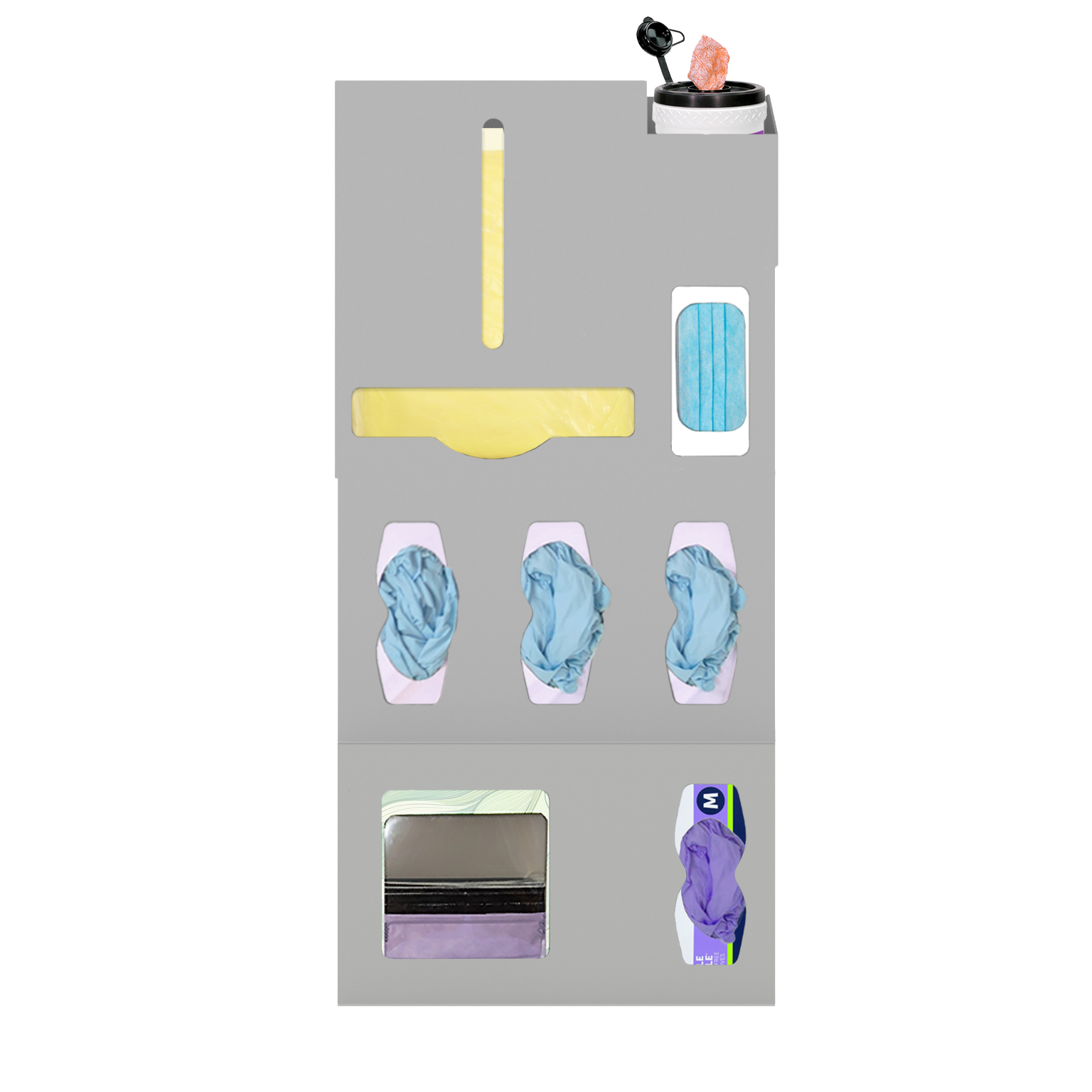 Beige, ABS, 6 compartment dispenser, front facing, shown with gowns, 3 gloves, 1 earloop, 1 surface wipe. Add on 2 compartment at the bottom 1 faceshield and 1 box of gloves. 