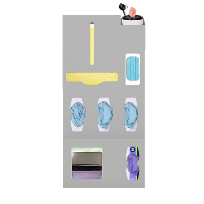 Beige, ABS, 6 compartment dispenser, front facing, shown with gowns, 3 gloves, 1 earloop, 1 surface wipe. Add on 2 compartment at the bottom 1 faceshield and 1 box of gloves. 