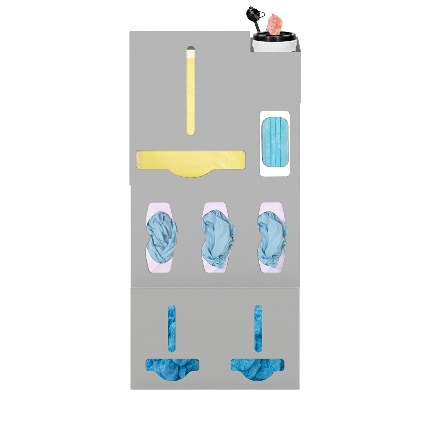 Beige, ABS, 6 compartment dispenser, front facing, shown with gowns, 3 gloves, 1 earloop, 1 surface wipe. Add on 2 bulk compartments at the bottom  with shoe covers.