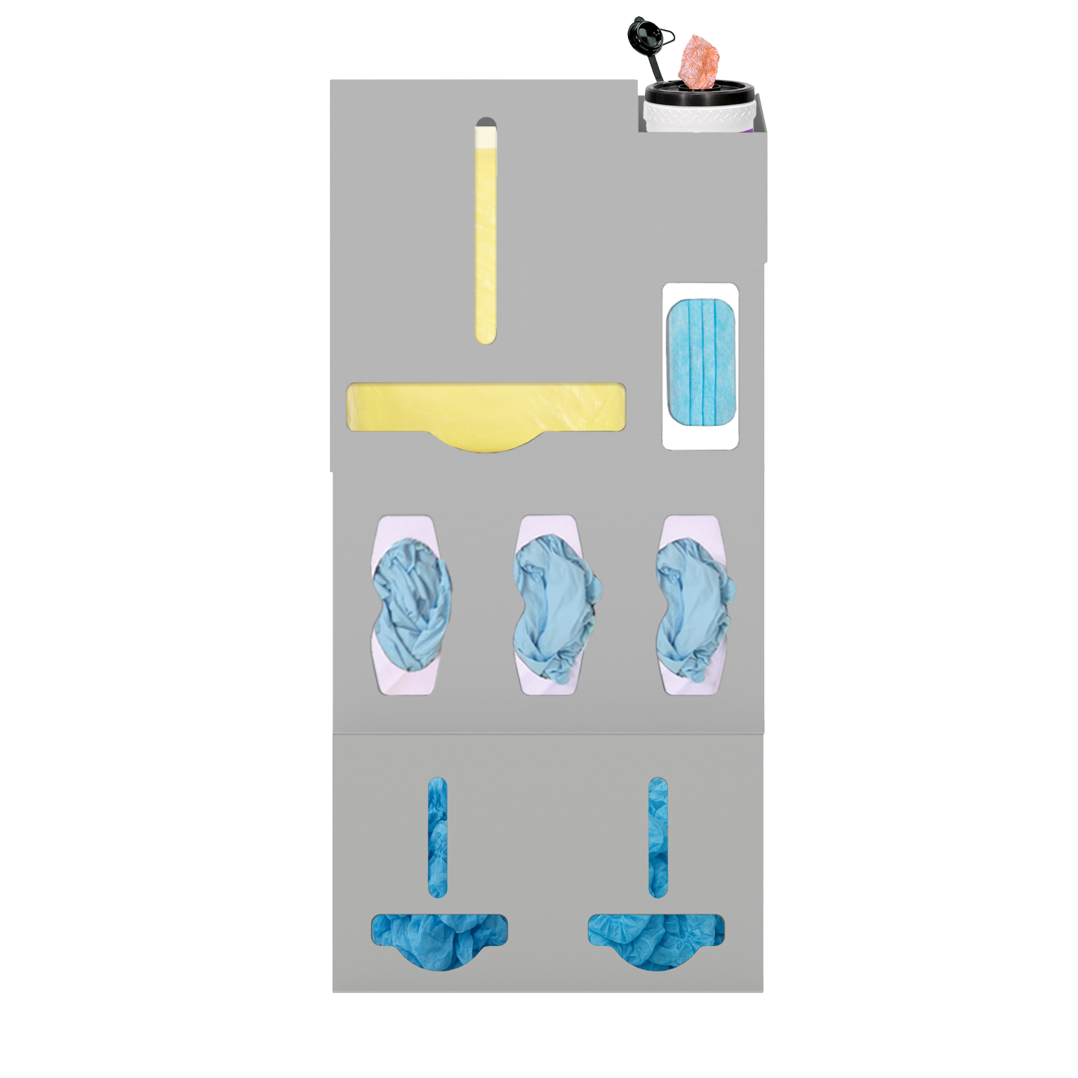 Beige, ABS, 6 compartment dispenser, front facing, shown with gowns, 3 gloves, 1 earloop, 1 surface wipe. Add on 2 bulk compartments at the bottom  with shoe covers.