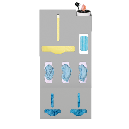 Beige, ABS, 6 compartment dispenser, front facing, shown with gowns, 3 gloves, 1 earloop, 1 surface wipe. Add on 2 bulk compartments at the bottom  with shoe covers.