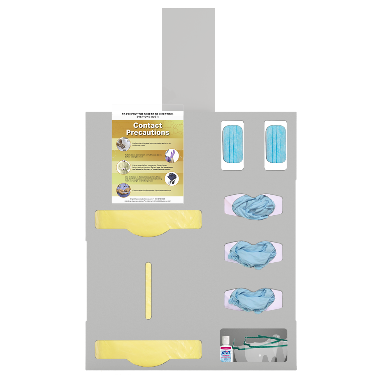 Beige, Protection Organizer, 8 compartments,  2 gown sections, 2 earloop masks, 3 gloves, 1 misc. Front Facing, filled with PPE. Kit shown with hanger and clip on sign with contact isolation sign inside.
