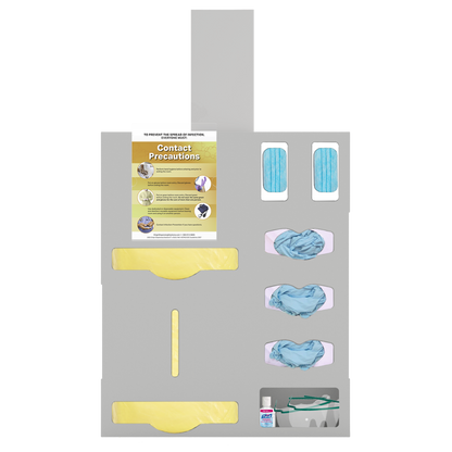 Beige, Protection Organizer, 8 compartments,  2 gown sections, 2 earloop masks, 3 gloves, 1 misc. Front Facing, filled with PPE. Kit shown with hanger and clip on sign with contact isolation sign inside.