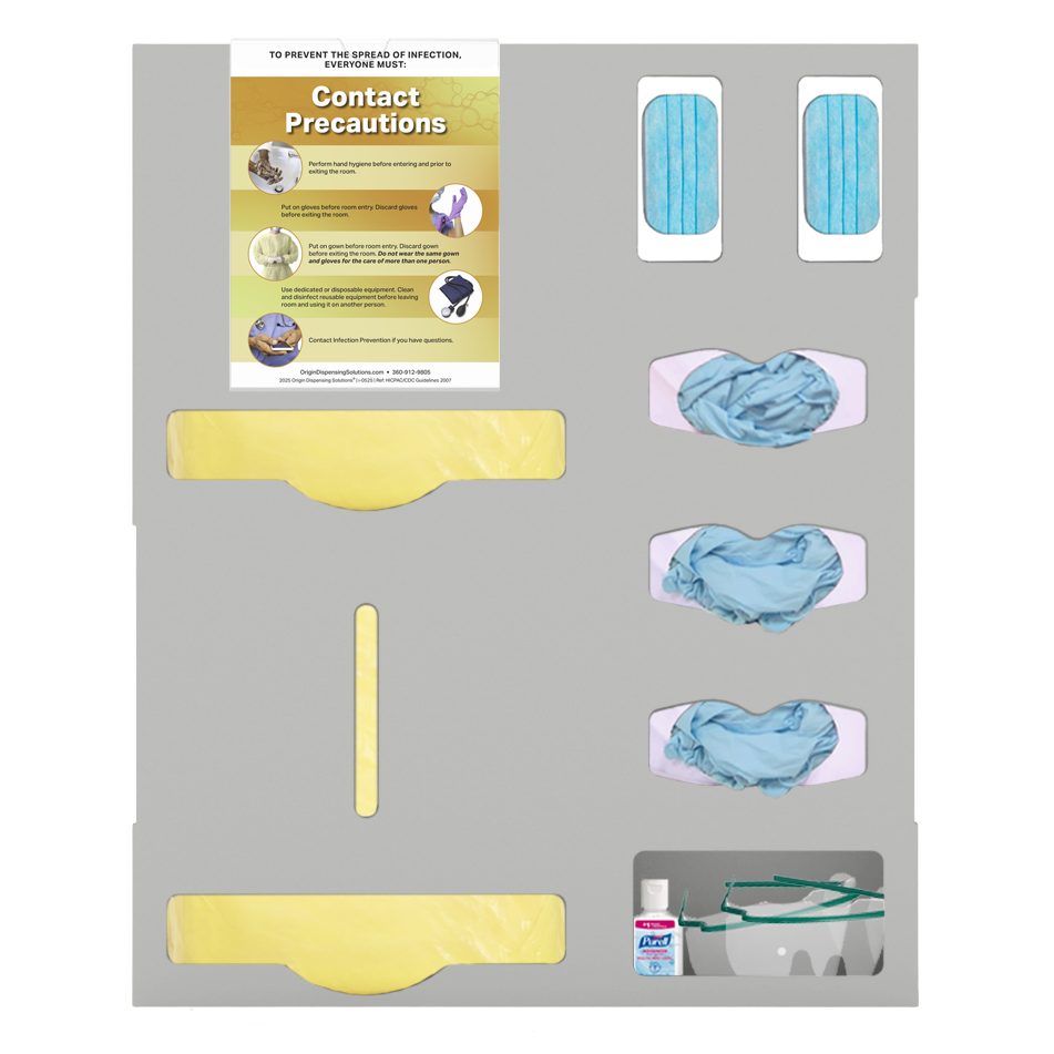 Protective Wear Organizer in Beige ABS Plastic with Sign Holder in Clear PETG Plastic. Shown front facing filled with 2 yellow gown sections, 2 boxes blue earloop masks, 3 blue exam glove boxes, and goggles and hand sanitizer in the miscellaneous section. Contact Precautions sign in the sign holder.