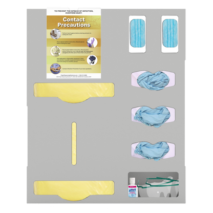 Protective Wear Organizer in Beige ABS Plastic with Sign Holder in Clear PETG Plastic. Shown front facing filled with 2 yellow gown sections, 2 boxes blue earloop masks, 3 blue exam glove boxes, and goggles and hand sanitizer in the miscellaneous section. Contact Precautions sign in the sign holder.