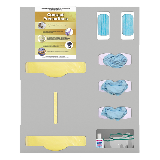 Protective Wear Organizer in Beige ABS Plastic with Sign Holder in Clear PETG Plastic. Shown front facing filled with 2 yellow gown sections, 2 boxes blue earloop masks, 3 blue exam glove boxes, and goggles and hand sanitizer in the miscellaneous section. Contact Precautions sign in the sign holder.