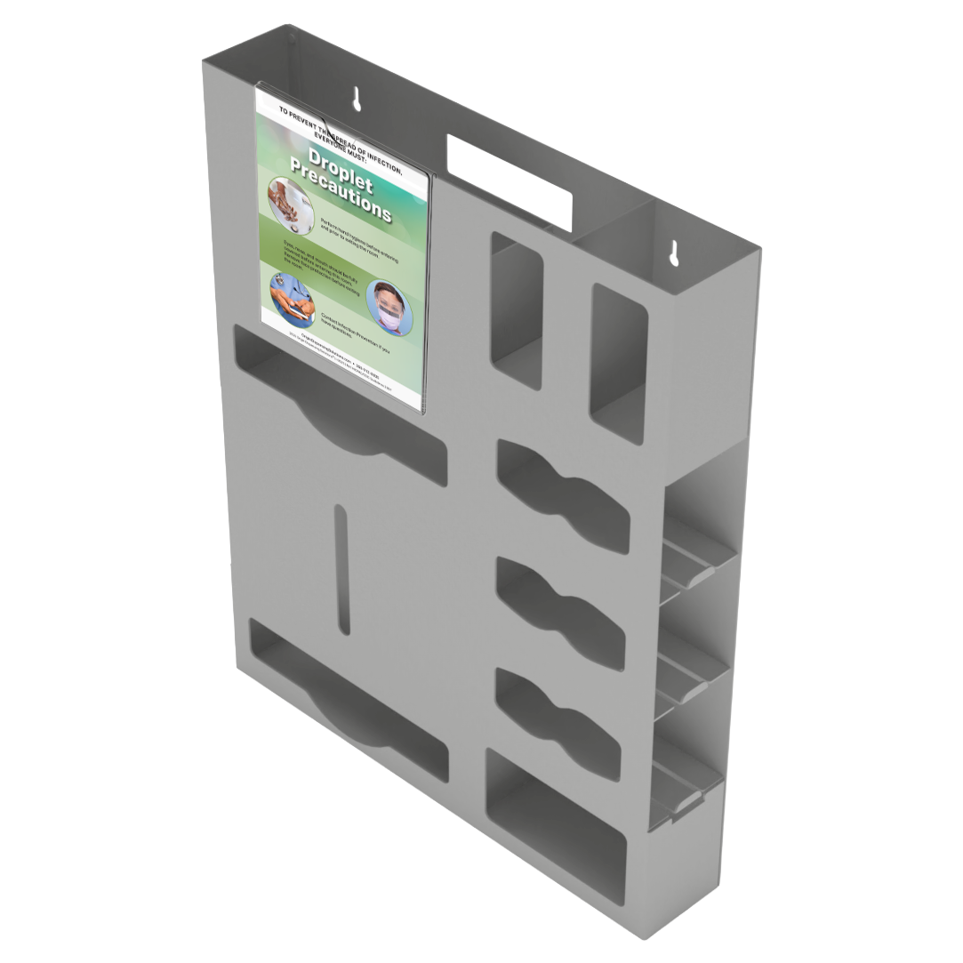 Protective Wear Organizer in Beige ABS Plastic with Sign Holder in Clear PETG Plastic. Droplet Precautions sign in sign holder. 8 empty PPE compartments, front facing slightly angled left.