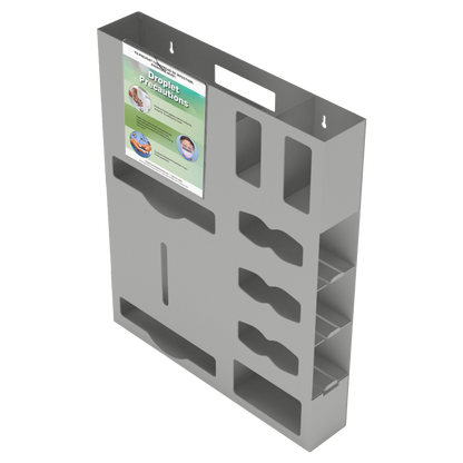 Protective Wear Organizer in Beige ABS Plastic with Sign Holder in Clear PETG Plastic. Droplet Precautions sign in sign holder. 8 empty PPE compartments, front facing slightly angled left.