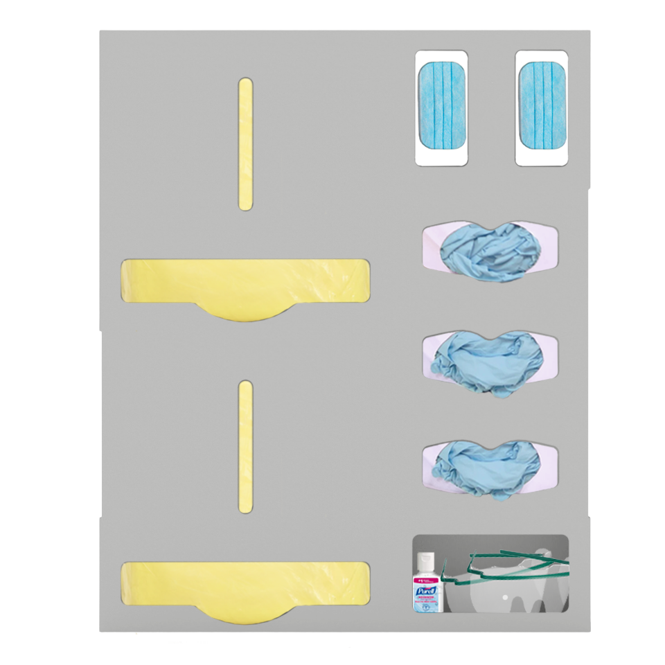Protective Wear Organizer, Beige, ABS,  compartment dispenser, front facing, showing 2 gown sections, 3 glove boxes, 2 earloops, misc area with hand gel and eye protection plastic.