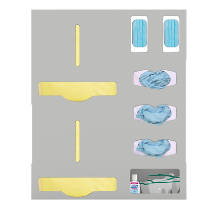 Protective Wear Organizer, Beige, ABS,  compartment dispenser, front facing, showing 2 gown sections, 3 glove boxes, 2 earloops, misc area with hand gel and eye protection plastic.
